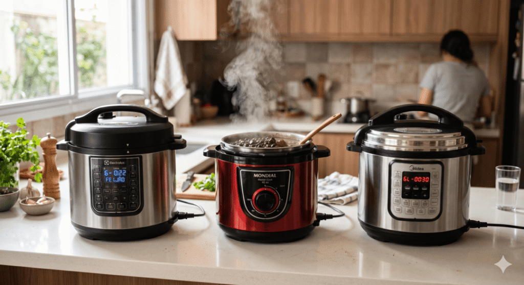 Três panelas de pressão elétricas alinhadas sobre uma bancada de cozinha clara. Nas pontas, dois modelos em aço inox com painéis digitais iluminados (Electrolux à esquerda e Midea à direita). No centro, uma panela nas cores vermelha e preta (Mondial) destampada, exibindo um preparo de feijão fumegante com uma colher de pau apoiada. Ao fundo, uma cozinha bem iluminada com armários de madeira e uma pessoa desfocada trabalhando.