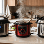 Três panelas de pressão elétricas alinhadas sobre uma bancada de cozinha clara. Nas pontas, dois modelos em aço inox com painéis digitais iluminados (Electrolux à esquerda e Midea à direita). No centro, uma panela nas cores vermelha e preta (Mondial) destampada, exibindo um preparo de feijão fumegante com uma colher de pau apoiada. Ao fundo, uma cozinha bem iluminada com armários de madeira e uma pessoa desfocada trabalhando.