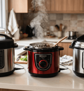 Três panelas de pressão elétricas alinhadas sobre uma bancada de cozinha clara. Nas pontas, dois modelos em aço inox com painéis digitais iluminados (Electrolux à esquerda e Midea à direita). No centro, uma panela nas cores vermelha e preta (Mondial) destampada, exibindo um preparo de feijão fumegante com uma colher de pau apoiada. Ao fundo, uma cozinha bem iluminada com armários de madeira e uma pessoa desfocada trabalhando.