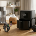 Um grupo de sete gadgets de saúde e bem-estar, incluindo um smartwatch, fones de ouvido e uma air fryer, organizados em uma superfície de madeira.