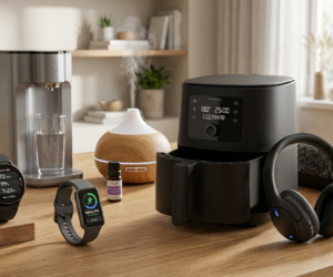 Um grupo de sete gadgets de saúde e bem-estar, incluindo um smartwatch, fones de ouvido e uma air fryer, organizados em uma superfície de madeira.