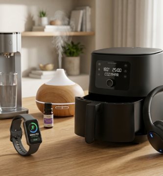 Um grupo de sete gadgets de saúde e bem-estar, incluindo um smartwatch, fones de ouvido e uma air fryer, organizados em uma superfície de madeira.