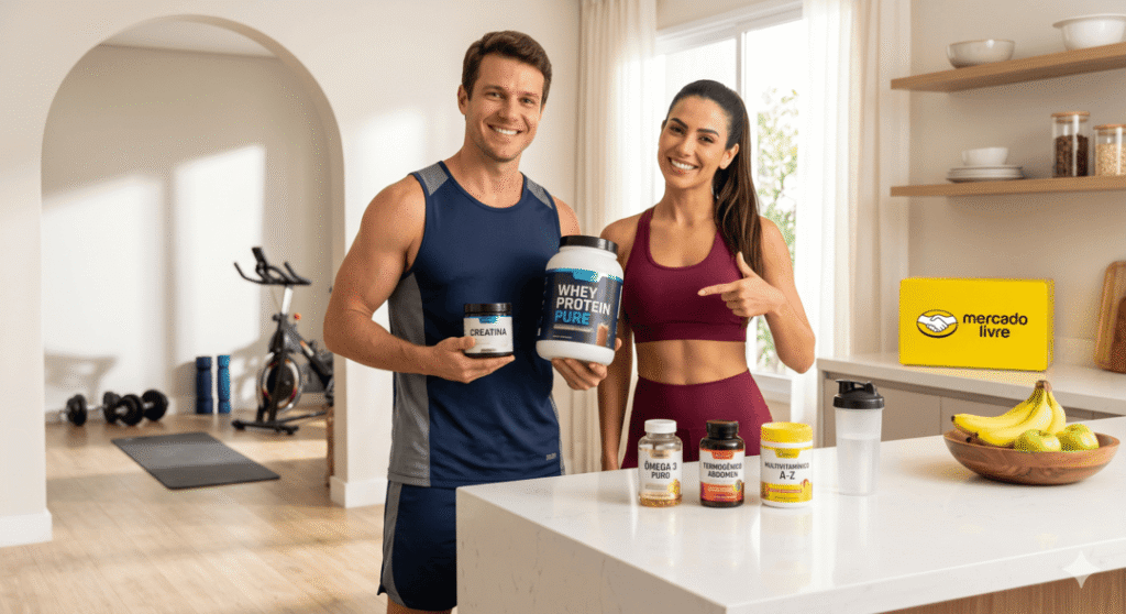 Casal saudável e fit sorrindo ao lado de Whey, Creatina e Ômega 3 em uma cozinha moderna, representando a compra inteligente de suplementos custo-benefício no Mercado Livre.