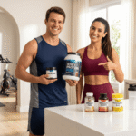Casal saudável e fit sorrindo ao lado de Whey, Creatina e Ômega 3 em uma cozinha moderna, representando a compra inteligente de suplementos custo-benefício no Mercado Livre.