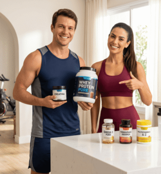 Casal saudável e fit sorrindo ao lado de Whey, Creatina e Ômega 3 em uma cozinha moderna, representando a compra inteligente de suplementos custo-benefício no Mercado Livre.