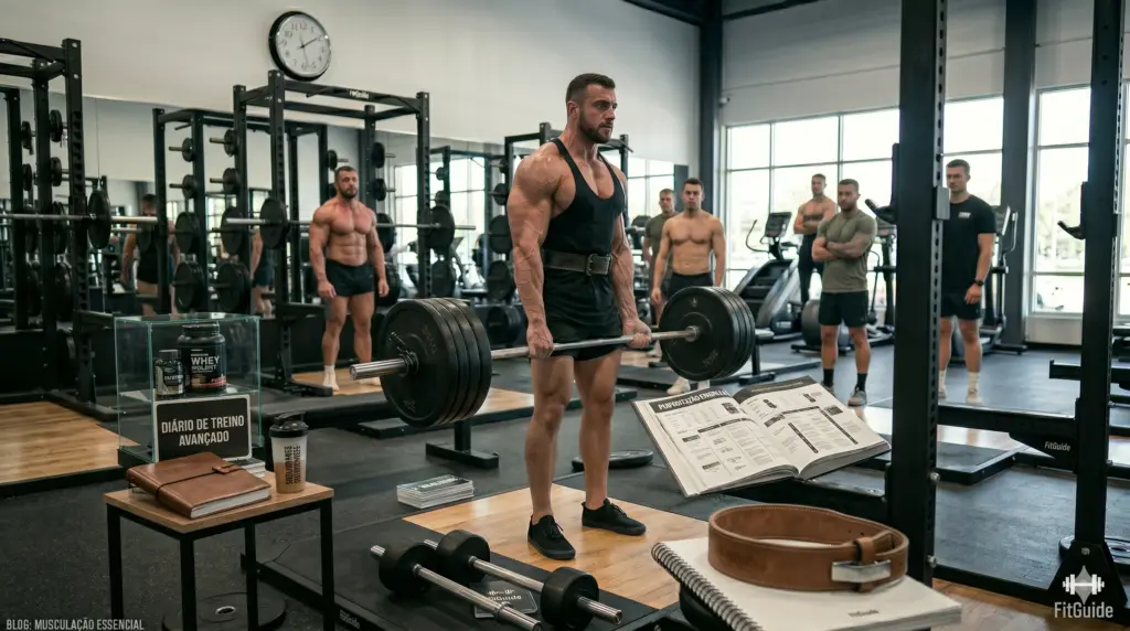 suplementos para musculação Uma foto em plano geral de um ginásio de musculação moderno e bem iluminado. Um homem musculoso, vestindo uma regata preta e shorts pretos, está no centro da imagem segurando uma barra carregada de anilhas em posição de levantamento terra. Ao seu redor, há diversos equipamentos de ginástica, como racks de musculação, halteres e máquinas. Um grupo de outros homens musculosos está parado em segundo plano, observando o homem que está levantando peso. No lado esquerdo, uma pequena mesa contém um diário de treino e suplementos de musculação. Um grande relógio está pendurado na parede. O logotipo "FitGuide" e o ícone de um halter estão localizados no canto inferior direito.