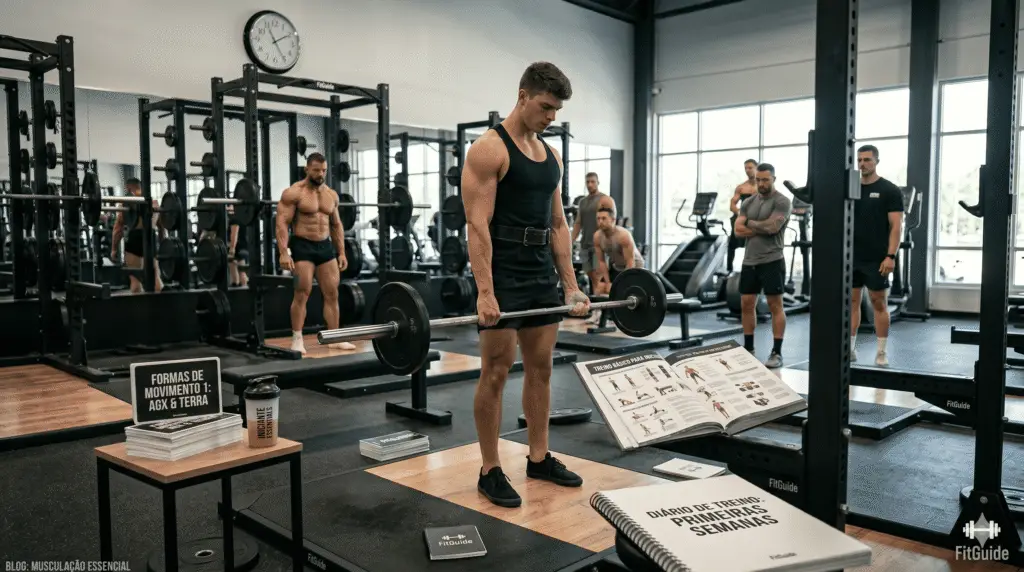 suplementos para musculação Uma foto em plano geral de um ginásio de musculação moderno e bem iluminado. Um homem musculoso, vestindo uma regata preta e shorts pretos, está no centro da imagem segurando uma barra carregada de anilhas em posição de levantamento terra. Ao seu redor, há diversos equipamentos de ginástica, como racks de musculação, halteres e máquinas. Um grupo de outros homens musculosos está parado em segundo plano, observando o homem que está levantando peso. No lado esquerdo, uma pequena mesa contém um diário de treino e suplementos de musculação. Um grande relógio está pendurado na parede. O logotipo "FitGuide" e o ícone de um halter estão localizados no canto inferior direito.