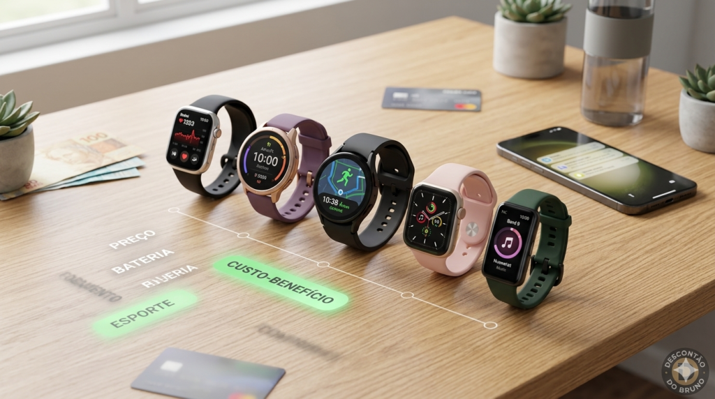 Comparativo na mesa para escolher o smartwatch custo-benefício 2026 ideal. Relógios da Xiaomi, Amazfit, Samsung, Apple e Huawei.