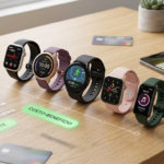 Comparativo na mesa para escolher o smartwatch custo-benefício 2026 ideal. Relógios da Xiaomi, Amazfit, Samsung, Apple e Huawei.