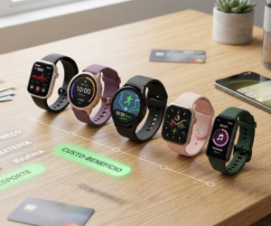 Comparativo na mesa para escolher o smartwatch custo-benefício 2026 ideal. Relógios da Xiaomi, Amazfit, Samsung, Apple e Huawei.