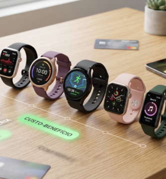 Comparativo na mesa para escolher o smartwatch custo-benefício 2026 ideal. Relógios da Xiaomi, Amazfit, Samsung, Apple e Huawei.