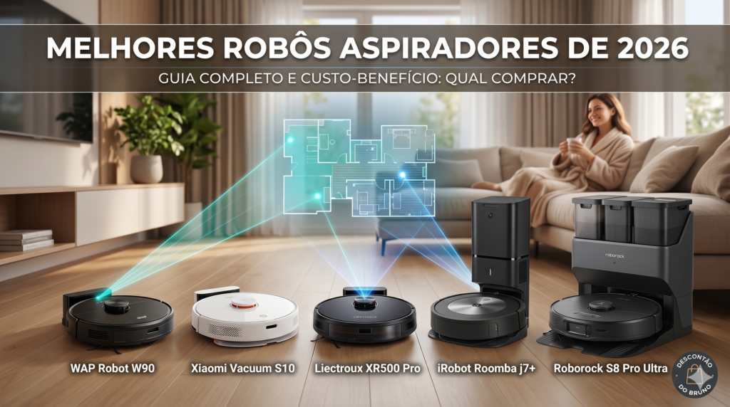 Imagem destacada do guia dos Melhores Robôs Aspiradores de 2026. Cinco modelos de robôs aspiradores (WAP, Xiaomi, Liectroux, iRobot Roomba e Roborock) estão alinhados em um piso de madeira, projetando um mapa holográfico a laser da planta de uma casa. Ao fundo, uma mulher relaxa no sofá. O título da imagem diz: Melhores Robôs Aspiradores de 2026 - Guia completo e custo-benefício.