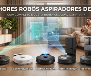 Imagem destacada do guia dos Melhores Robôs Aspiradores de 2026. Cinco modelos de robôs aspiradores (WAP, Xiaomi, Liectroux, iRobot Roomba e Roborock) estão alinhados em um piso de madeira, projetando um mapa holográfico a laser da planta de uma casa. Ao fundo, uma mulher relaxa no sofá. O título da imagem diz: Melhores Robôs Aspiradores de 2026 - Guia completo e custo-benefício.