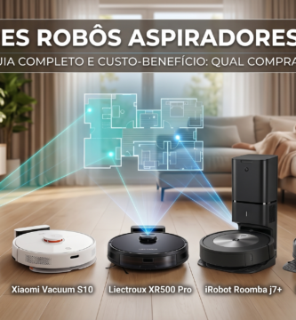 Imagem destacada do guia dos Melhores Robôs Aspiradores de 2026. Cinco modelos de robôs aspiradores (WAP, Xiaomi, Liectroux, iRobot Roomba e Roborock) estão alinhados em um piso de madeira, projetando um mapa holográfico a laser da planta de uma casa. Ao fundo, uma mulher relaxa no sofá. O título da imagem diz: Melhores Robôs Aspiradores de 2026 - Guia completo e custo-benefício.