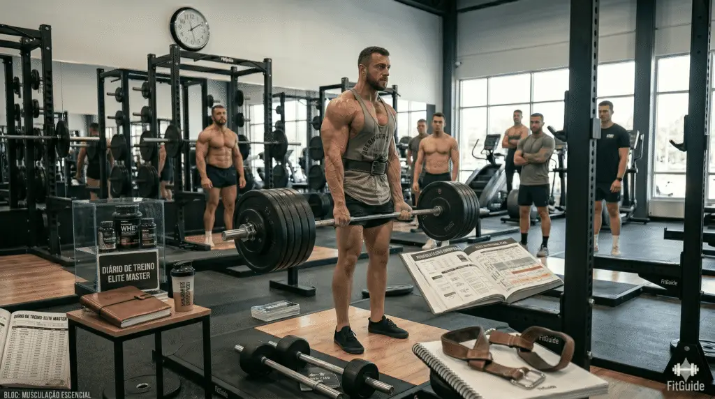 suplementos para musculação Uma foto em plano geral de um ginásio de musculação moderno e bem iluminado. Um homem musculoso, vestindo uma regata preta e shorts pretos, está no centro da imagem segurando uma barra carregada de anilhas em posição de levantamento terra. Ao seu redor, há diversos equipamentos de ginástica, como racks de musculação, halteres e máquinas. Um grupo de outros homens musculosos está parado em segundo plano, observando o homem que está levantando peso. No lado esquerdo, uma pequena mesa contém um diário de treino e suplementos de musculação. Um grande relógio está pendurado na parede. O logotipo "FitGuide" e o ícone de um halter estão localizados no canto inferior direito.