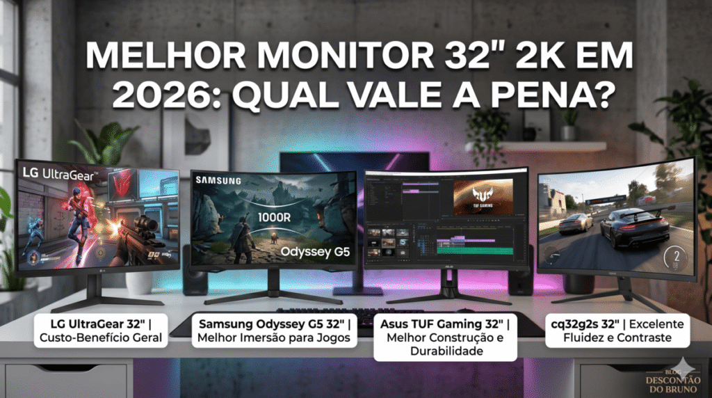 Imagem de destaque de blog intitulada 'MELHOR MONITOR 32" 2K EM 2026: QUAL VALE A PENA?'. O focu desta imagem é a comparação detalhada para ajudar a encontrar o melhor monitor 32 polegadas 2K. Ela exibe quatro modelos alinhados: LG UltraGear 32" (Custo-Benefício Geral), Samsung Odyssey G5 32" (Melhor Imersão para Jogos), Asus TUF Gaming 32" (Melhor Construção e Durabilidade) e cq32g2s 32" (Excelente Fluidez e Contraste). O logotipo do Blog Descontão do Bruno está no canto inferior direito.