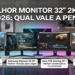 Imagem de destaque de blog intitulada 'MELHOR MONITOR 32" 2K EM 2026: QUAL VALE A PENA?'. O focu desta imagem é a comparação detalhada para ajudar a encontrar o melhor monitor 32 polegadas 2K. Ela exibe quatro modelos alinhados: LG UltraGear 32" (Custo-Benefício Geral), Samsung Odyssey G5 32" (Melhor Imersão para Jogos), Asus TUF Gaming 32" (Melhor Construção e Durabilidade) e cq32g2s 32" (Excelente Fluidez e Contraste). O logotipo do Blog Descontão do Bruno está no canto inferior direito.