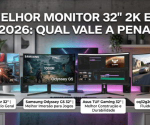 Imagem de destaque de blog intitulada 'MELHOR MONITOR 32" 2K EM 2026: QUAL VALE A PENA?'. O focu desta imagem é a comparação detalhada para ajudar a encontrar o melhor monitor 32 polegadas 2K. Ela exibe quatro modelos alinhados: LG UltraGear 32" (Custo-Benefício Geral), Samsung Odyssey G5 32" (Melhor Imersão para Jogos), Asus TUF Gaming 32" (Melhor Construção e Durabilidade) e cq32g2s 32" (Excelente Fluidez e Contraste). O logotipo do Blog Descontão do Bruno está no canto inferior direito.