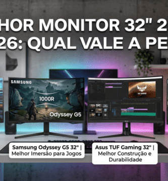 Imagem de destaque de blog intitulada 'MELHOR MONITOR 32" 2K EM 2026: QUAL VALE A PENA?'. O focu desta imagem é a comparação detalhada para ajudar a encontrar o melhor monitor 32 polegadas 2K. Ela exibe quatro modelos alinhados: LG UltraGear 32" (Custo-Benefício Geral), Samsung Odyssey G5 32" (Melhor Imersão para Jogos), Asus TUF Gaming 32" (Melhor Construção e Durabilidade) e cq32g2s 32" (Excelente Fluidez e Contraste). O logotipo do Blog Descontão do Bruno está no canto inferior direito.