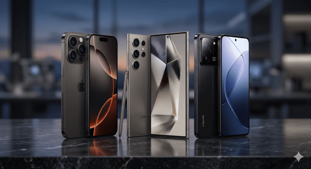 Uma fotografia profissional e realista mostrando três smartphones premium de 2026 lado a lado: iPhone 16 Pro Max, Samsung Galaxy S26 Ultra (com S-Pen) e Xiaomi 15, em uma superfície reflexiva e luxuosa, representando o comparativo definitivo do blog