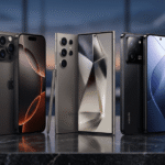 Uma fotografia profissional e realista mostrando três smartphones premium de 2026 lado a lado: iPhone 16 Pro Max, Samsung Galaxy S26 Ultra (com S-Pen) e Xiaomi 15, em uma superfície reflexiva e luxuosa, representando o comparativo definitivo do blog