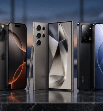 Uma fotografia profissional e realista mostrando três smartphones premium de 2026 lado a lado: iPhone 16 Pro Max, Samsung Galaxy S26 Ultra (com S-Pen) e Xiaomi 15, em uma superfície reflexiva e luxuosa, representando o comparativo definitivo do blog