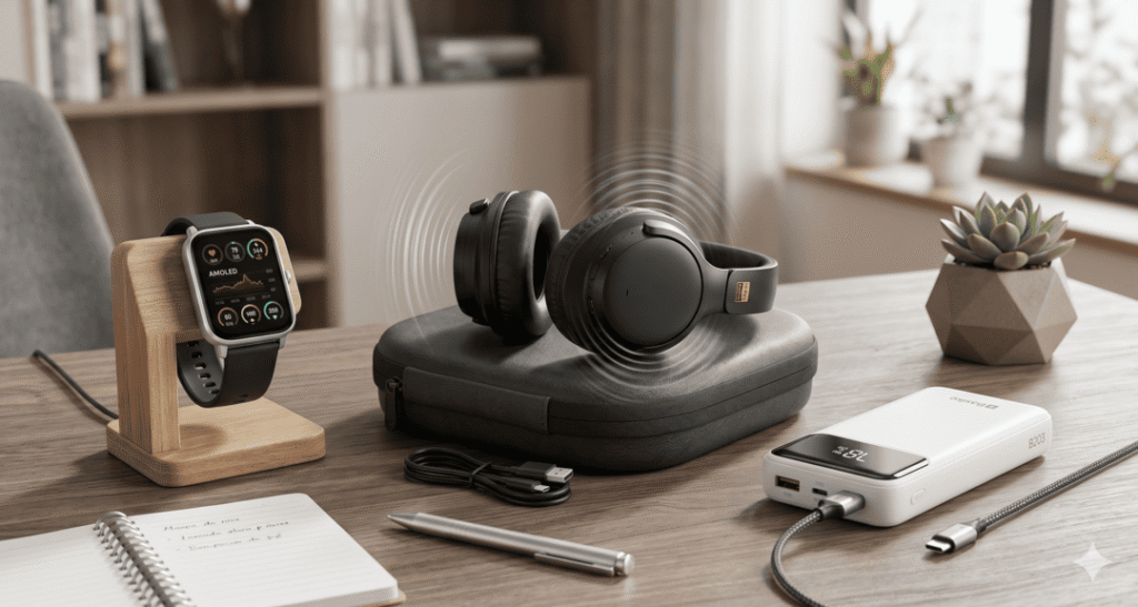 Três dos melhores gadgets eletrônicos de 2026 reunidos em uma mesa: fone de ouvido, smartwatch e powerbank.