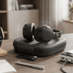 Três dos melhores gadgets eletrônicos de 2026 reunidos em uma mesa: fone de ouvido, smartwatch e powerbank.