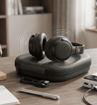 Três dos melhores gadgets eletrônicos de 2026 reunidos em uma mesa: fone de ouvido, smartwatch e powerbank.