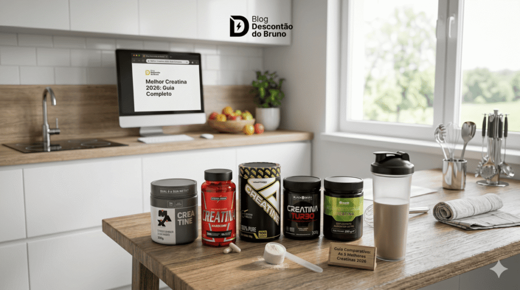 alt="Melhor Creatina 2026 - Comparativo dos 5 melhores suplementos de creatina: Max Titanium, Integralmédica Hardcore, Adaptogen, Black Skull Turbo e Growth Supplements em destaque com fundo de academia - Blog Descontão do Bruno"