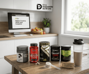 alt="Melhor Creatina 2026 - Comparativo dos 5 melhores suplementos de creatina: Max Titanium, Integralmédica Hardcore, Adaptogen, Black Skull Turbo e Growth Supplements em destaque com fundo de academia - Blog Descontão do Bruno"