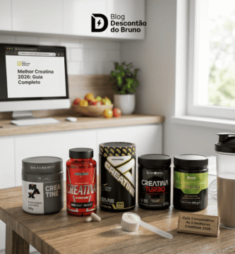 alt="Melhor Creatina 2026 - Comparativo dos 5 melhores suplementos de creatina: Max Titanium, Integralmédica Hardcore, Adaptogen, Black Skull Turbo e Growth Supplements em destaque com fundo de academia - Blog Descontão do Bruno"