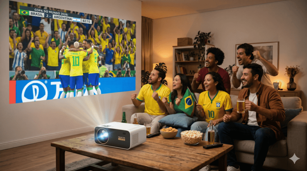 Amigos reunidos na sala assistindo a um jogo da Copa do Mundo de 2026 projetado na parede, celebrando um gol do Brasil contra a Argentina. Um projetor moderno está na mesa de centro.