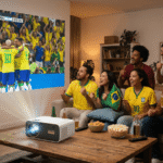 Amigos reunidos na sala assistindo a um jogo da Copa do Mundo de 2026 projetado na parede, celebrando um gol do Brasil contra a Argentina. Um projetor moderno está na mesa de centro.