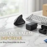 Uma mesa de mármore organizada com produtos que valem a pena importar, incluindo carregador GaN, fones de ouvido e teclado mecânico para o Blog Descontão do Bruno.