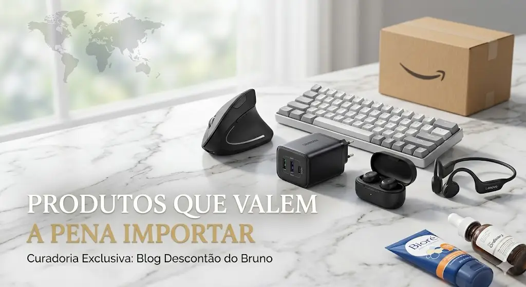 Uma mesa de mármore organizada com produtos que valem a pena importar, incluindo carregador GaN, fones de ouvido e teclado mecânico para o Blog Descontão do Bruno.