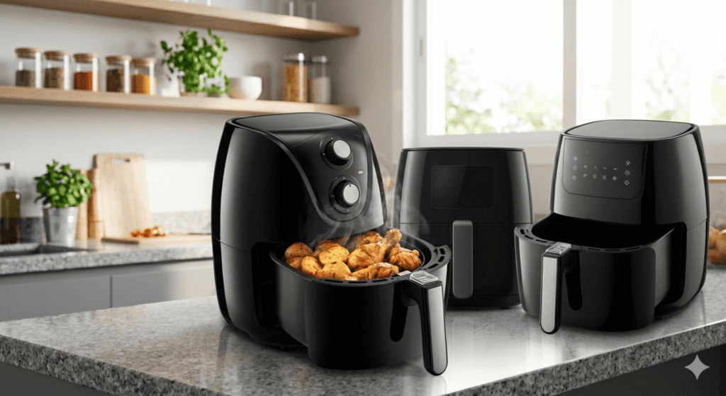 Imagem realista e em alta resolução da Fritadeira Air Fryer Custo-Benefício 2026 sobre uma bancada de granito, com o cesto aberto exibindo frango crocante e batatas douradas, transmitindo praticidade e apetite.