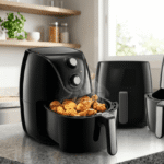 Imagem realista e em alta resolução da Fritadeira Air Fryer Custo-Benefício 2026 sobre uma bancada de granito, com o cesto aberto exibindo frango crocante e batatas douradas, transmitindo praticidade e apetite.
