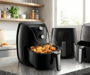 Imagem realista e em alta resolução da Fritadeira Air Fryer Custo-Benefício 2026 sobre uma bancada de granito, com o cesto aberto exibindo frango crocante e batatas douradas, transmitindo praticidade e apetite.