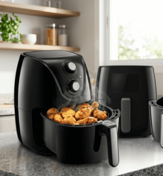 Imagem realista e em alta resolução da Fritadeira Air Fryer Custo-Benefício 2026 sobre uma bancada de granito, com o cesto aberto exibindo frango crocante e batatas douradas, transmitindo praticidade e apetite.