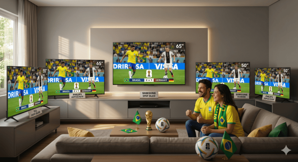 Imagem realista de uma sala de estar decorada, exibindo as cinco melhores TVs para Copa do Mundo 2026, com foco na alta definição 4K e um casal de torcedores vibrando no sofá.