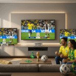 Imagem realista de uma sala de estar decorada, exibindo as cinco melhores TVs para Copa do Mundo 2026, com foco na alta definição 4K e um casal de torcedores vibrando no sofá.