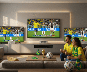 Melhor TV Copa 2026: Guia Definitivo e Comparativo Imagem realista de uma sala de estar decorada, exibindo as cinco melhores TVs para Copa do Mundo 2026, com foco na alta definição 4K e um casal de torcedores vibrando no sofá.