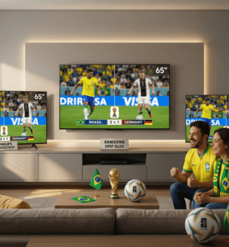 Imagem realista de uma sala de estar decorada, exibindo as cinco melhores TVs para Copa do Mundo 2026, com foco na alta definição 4K e um casal de torcedores vibrando no sofá.