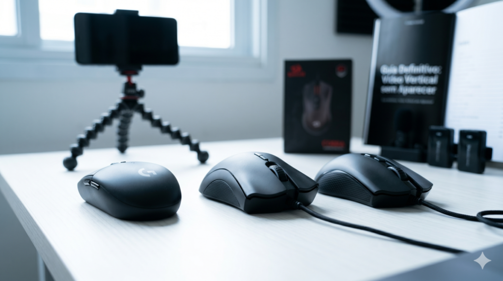 Comparativo lado a lado de mouses gamers custo-benefício em 2026 sobre uma mesa de trabalho limpa, destacando o formato ergonômico e o cabo trançado, com um smartphone em um tripé flexível ao fundo simulando a gravação de um vídeo review. Mouse Gamer Custo-Benefício 2026