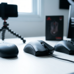 Comparativo lado a lado de mouses gamers custo-benefício em 2026 sobre uma mesa de trabalho limpa, destacando o formato ergonômico e o cabo trançado, com um smartphone em um tripé flexível ao fundo simulando a gravação de um vídeo review. Mouse Gamer Custo-Benefício 2026