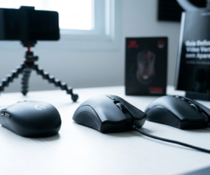 Comparativo lado a lado de mouses gamers custo-benef&iacute;cio em 2026 sobre uma mesa de trabalho limpa, destacando o formato ergon&ocirc;mico e o cabo tran&ccedil;ado, com um smartphone em um trip&eacute; flex&iacute;vel ao fundo simulando a grava&ccedil;&atilde;o de um v&iacute;deo review. Mouse Gamer Custo-Benef&iacute;cio 2026