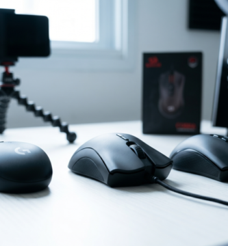 Comparativo lado a lado de mouses gamers custo-benefício em 2026 sobre uma mesa de trabalho limpa, destacando o formato ergonômico e o cabo trançado, com um smartphone em um tripé flexível ao fundo simulando a gravação de um vídeo review. Mouse Gamer Custo-Benefício 2026