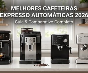 Melhor Cafeteira Expresso Automática 2026: Comparativo e Custo-Benefício Quatro modelos de cafeteira expresso automática — Walita, De'Longhi, Mondial e Philco — alinhados em uma bancada de cozinha moderna para um post de blog de guia comparativo de 2026 do Descontão do Bruno.