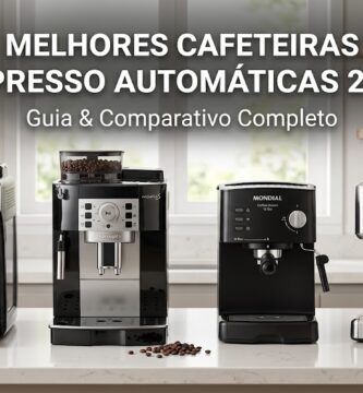 Quatro modelos de cafeteira expresso automática — Walita, De'Longhi, Mondial e Philco — alinhados em uma bancada de cozinha moderna para um post de blog de guia comparativo de 2026 do Descontão do Bruno.